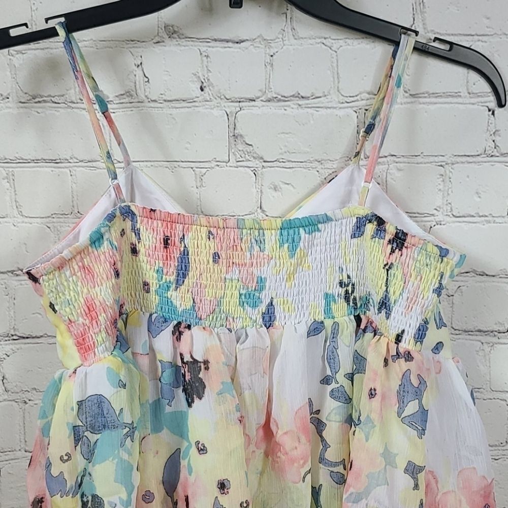 Candie’s Watercolor Bow Tiered Chiffon Babydoll Mini Dress Juniors L Sleeveless - Picture 9 of 12